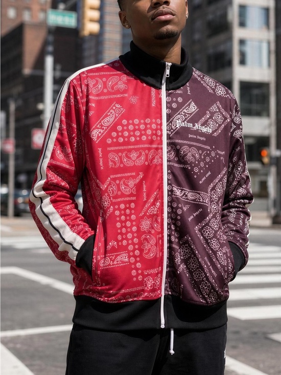 Palm Angels Other - Palm Angels Bandana Track Jacket Zip Up Maroon & Red, Striped Sleeves XL Unisex
